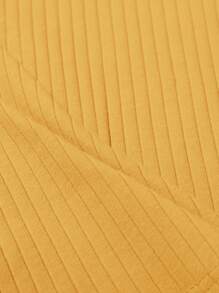 SHEIN Essnce 纯色V领罗纹针织休闲短袖T恤 - 薑色 - 查看 4