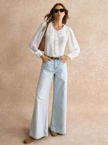 Poéselle 女士秋季撞色蕾丝灯笼袖宽松优雅衬衫，2024秋冬装 - 白色 - 查看 4