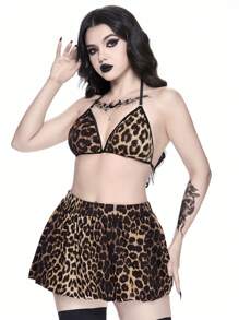 ROMWE J-Fashion Conjunto de pijama de mujer con estampado de leopardo que incluye babydoll inalámbrico con tirante halter y minifalda - Negro - Ver 4