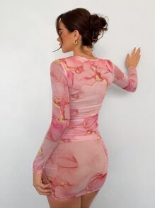 Aloruh Women's New Romantic Date Night Ombre Print Mesh Bodycon Long Sleeve Mini Dress, Autumn/Winter,Pastel Dresses For Women