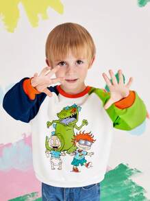 Nick 90s X SHEIN Sudadera informal de cuello redondo para niño con estampado de dinosaurio de dibujos animados y mangas raglán de color block