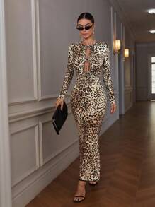 Aveloria Modichic Sexy Chic Leopard Print Random Pattern Deep V-Neck Hollow Metal Ring Decor Gathered Waist Long Sleeve Bodycon Mini Dress Fall Cloth For Women