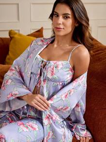 Becci 设计师女士淡紫色花卉印花缎面蝴蝶结睡袍，适合节日穿着