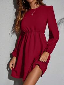 SHEIN Clasi Solid Color Waisted Long Sleeve Casual Dress, Suitable For Music Festival Burgundy Color Women Outfit