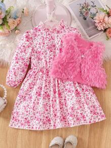 SHEIN 2pcs Set: Ditsy Floral Dress And Furry Vest For Young Girls - Pink - View 6