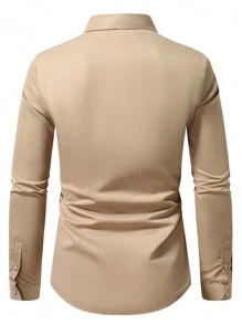 Manfinity Mode Men's Solid Color Front Button Long Sleeve Pocket Casual Shirt, Everyday Wear, For Fall, Formal, Ceremony - Khaki - View 2
