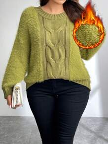 SHEIN Privé Plus Size Loose Fit Cable Knit Splice Fluffy Collar Warm Pullover Sweater For Autumn/Winter