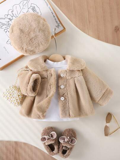SHEIN Playful Pals Baby Mädchen eleganter, süßer dünner Fleecejacke mit Barett Hut Set, Herbst