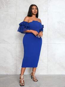 Slaydiva 优雅派对/场合/约会修身纯棕色露肩修身波尔卡圆点网眼拼接中长连衣裙，后开衩，大码，春夏 - 棕色 - 查看 4