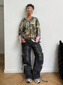 SHEIN EZwear 女款春夏 Y2K 迷彩条纹纹理装饰宽松卫衣