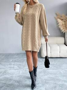 Chiquease Loose Fit Crew Neck Languid Knitted Dress, Elegant Design, Flattering Large Size - Khaki - View 7