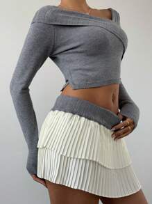 Aloruh 2pcs/Set Women Solid Color Long Sleeve Simple Sweater And Mini Skirt, Casual Outfit - Grey - View 1
