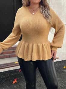 SHEIN LUNE Plus Size Casual V-Neck Ruffle Hem Sweater For Everyday Wear, Autumn/Winter Knit Pullover Fall - Khaki - View 1