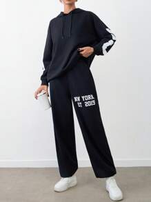 SHEIN Tall Fashionable Casual Letter Print Sweatshirt And Pants Two Piece Set - Black - View 4