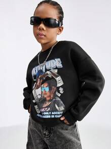 SHEIN Tween Girls' Letter & Figure Print Round Neck Drop Shoulder Long Sleeve Sweatshirt In Black, Autumn - Black - View 4