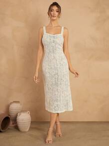 SHEIN Unity Elegant Spaghetti Strap Jacquard Sheer Dress, Summer - White - View 8