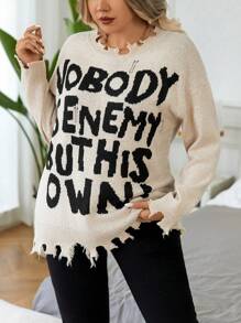 Calvaya Plus Size Women's Simple Print Asymmetric Hem Pullover Sweater Knit Pullover Fall Winter - Apricot - View 4