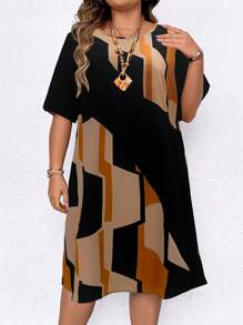 EMERY ROSE Plus Size Women Geometric Print Round Neck Short Sleeve Loose Straight Casual Dress, For Summer - Black - View 3