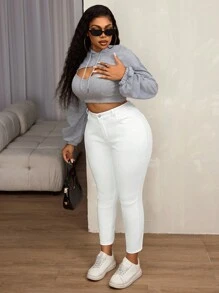 SHEIN ICON Plus Size Women Elastic Waist Pockets Skinny Casual Jeans - White - View 5