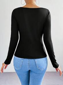 Chiquease 1 pieza Camiseta minimalista de mujer de unicolor de cuello redondo y manga larga, informal para uso diario