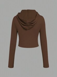 SHEIN Áo thun nữ tay dài xếp ly màu trơn tối giản, mặc thường ngày - Cà phê nâu - Xem 2