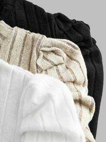 SHEIN Girlism Teen Girls 3pcs/Set Black, White & Beige Crew Neck Ribbed Texture Fitted Gigot Sleeve Graphic Tops, Elegant Vintage Style (Buy 1 Get 2 Free) - Multicolor - View 5