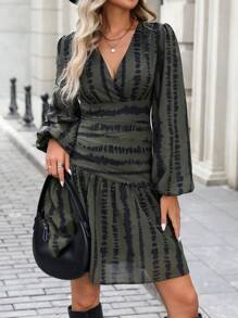 EMERY ROSE Women's Ruffle V-Neck Long Sleeve Zebra Print Party Dress, Fitted Waist Peplum Hem, Spring/Autumn