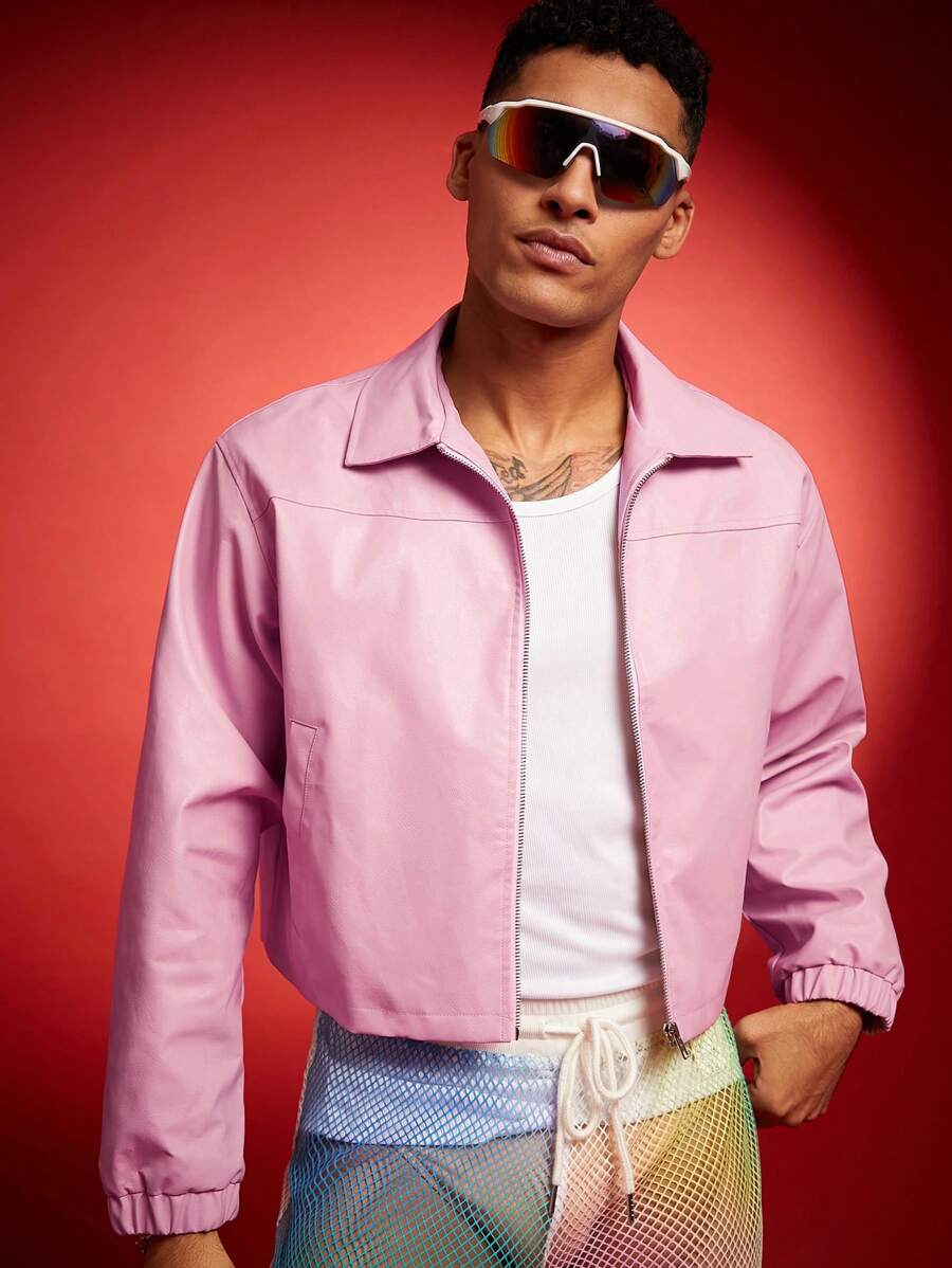 FeverCity 男士短款宽松长袖夹克外套，适合秋冬 - 粉色 - 查看 1