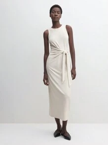 BizChic 女式白色无袖系带中长连衣裙，都市通勤商务休闲优雅正式派对礼服，适合万圣节、圣诞节、聚会 - 杏色 - 查看 5