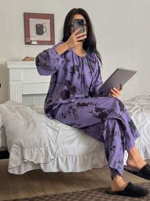 DAZY Floral Print Loose Tie Neck Pajama Set - Purple - View 5