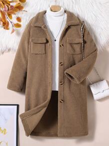 青少年女孩可爱中长蓬松保暖风衣夹克，适合圣诞节