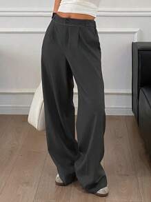 DAZY Contrast Color Drawstring Waist Wide Leg Suit Pants With Pockets For Women Business Attire - Grey - View 5