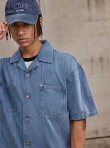 Forever 21 Men's Oversized Vintage Casual Style Studded Pocket Blue Washed Denim Shirt (Medium Wash) For Summer And Fall - Medium Wash - View 6