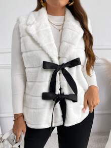 SHEIN Frenchy Women Plus Size Fluffy Vest With Bow Design, White - White - View 6