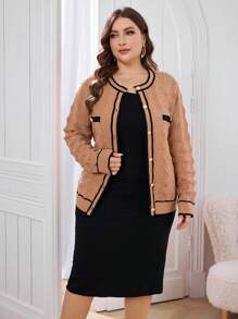 Modelyn Áo cánh thường ngày cổ tròn tay dài cài nút phía trước cỡ lớn màu tương phản - Màu Khaki - Xem 4