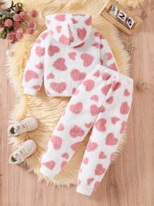 SHEIN 年轻女孩休闲可爱心形图案羊毛连帽衫和下摆心形裤子套装，秋冬家居服 - 粉色 - 查看 2