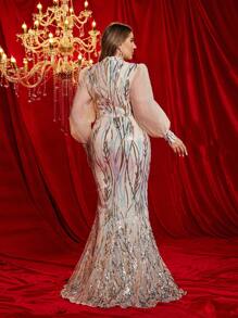 Glamrae 大码香槟金奢华串珠拼布欧根纱镂空领泡泡袖美人鱼优雅正式晚礼服，长袖连衣裙，适合婚礼嘉宾、毕业典礼、晚宴 - 香檳色 - 查看 6