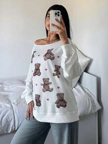 SHEIN EZwear 熊印花露肩长袖套头衫，日常休闲