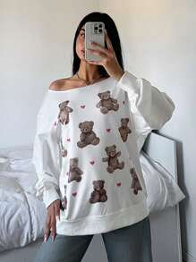 SHEIN EZwear 熊印花露肩长袖套头衫，日常休闲