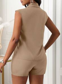 INAWLY 2pcs/Set Women Summer Casual Sleeveless Button Front Blouse And Drawstring Waist Shorts - Khaki - View 2