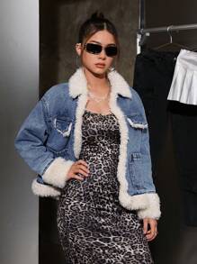 SHEIN Y2K 风格少女蓝色牛仔布和米色保暖衬里翻领长袖夹克，厚垫中长款牛仔外套，适合学生秋冬季，蓬松复古外套 - 淺色水洗藍 - 查看 4