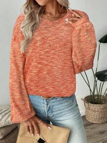 SHEIN LUNE Áo nỉ chui đầu dệt kim nhiều màu cho nữ, mùa thu, áo dài tay - trái cam - Xem 4