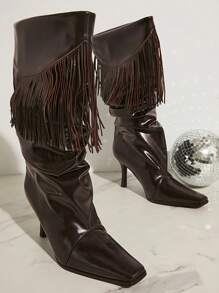 SHUZIA Women Charming Cowboy Fringe Decor Brown Slip-On High Heeled Boots - Brown - View 2