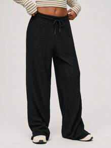 SHEIN BASICS Casual Solid Color Knitted Straight Leg Pants For Women - Black - View 6