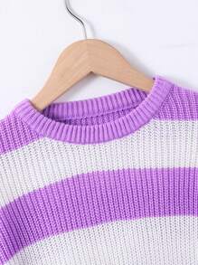 SHEIN Tween Girl Casual Striped Round Neck Sweater , Simple And - Mauve Purple - View 5