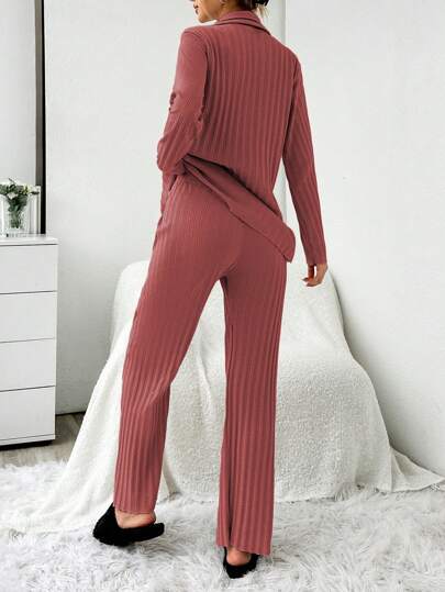 RueChic Set Open Front Contrast Stitching Ribbed Pajama view 2
