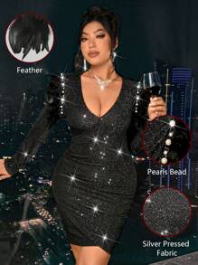 Allurite Plus Size Women's V-Neck Long Sleeve Sequin Embellished Fitted Evening Dress Fall Cloth For Women - Black - View 1