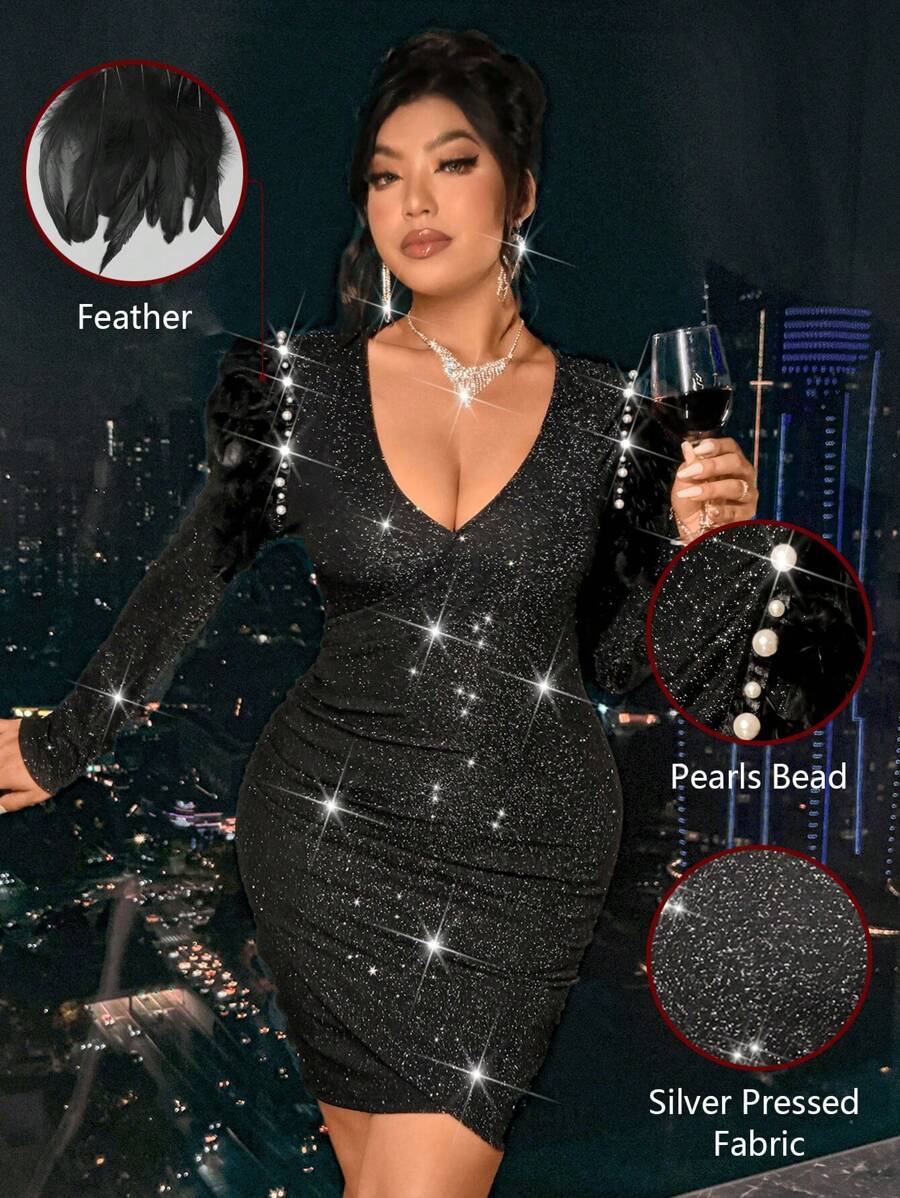 Allurite Plus Size Women's V-Neck Long Sleeve Sequin Embellished Fitted Evening Dress Fall Cloth For Women - Black - View 1