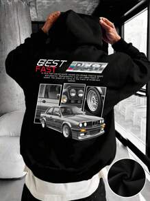 SHEIN Leap Crew 复古赛车，青少年男孩休闲简约卡通复古汽车图案宽松长袖连帽衫运动衫，适合秋冬季