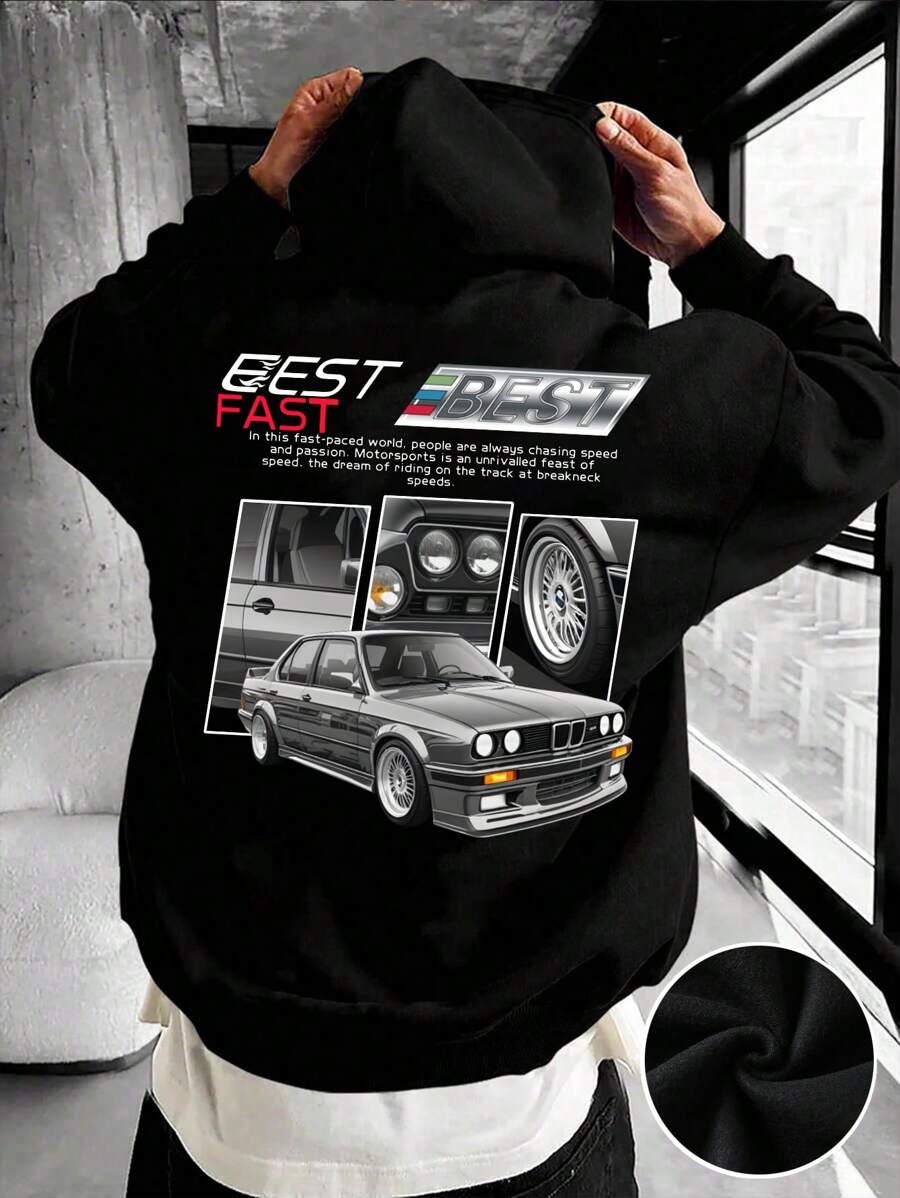 SHEIN Leap Crew 复古赛车，青少年男孩休闲简约卡通复古汽车图案宽松长袖连帽衫运动衫，适合秋冬季